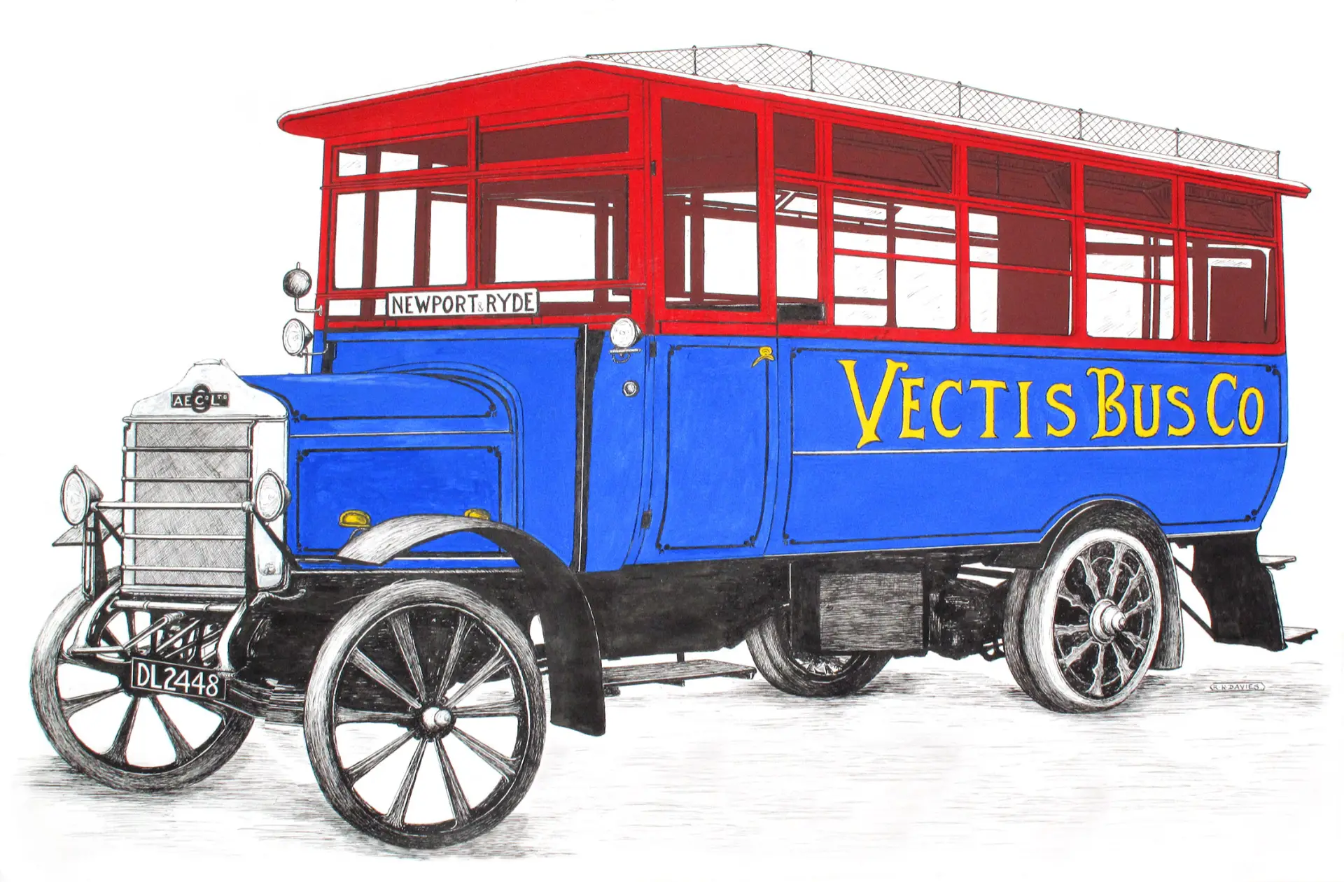 drawing by the late Reg Davies, featuring one of the original three buses.