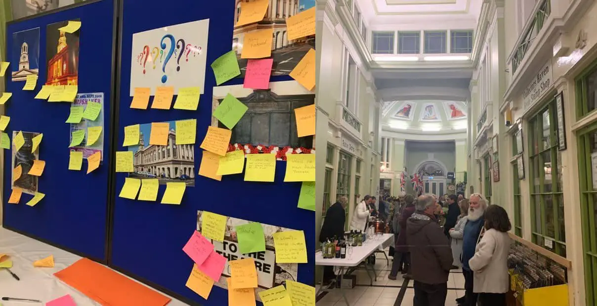 Friends of Ryde Town Hall launch event - post it note ideas panel and people milling around