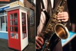 telephone box and man playing saxophone