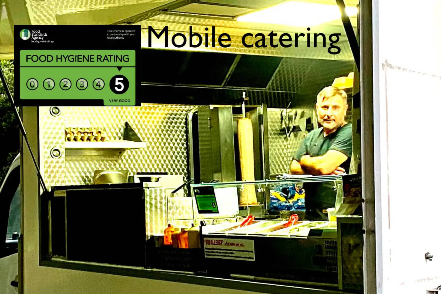 Photo of a burger van with FSA logo and text reading mobile catering