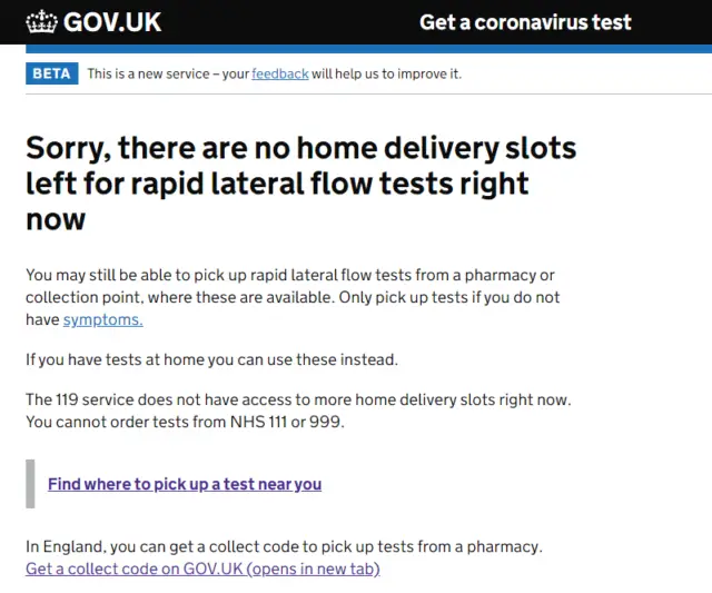 Gov.uk Website showing no lateral flow tests available