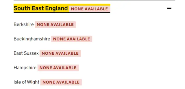 Gov.uk Website showing no PCR tests available