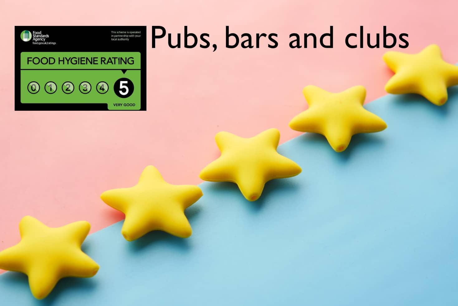 five stars on a blue and pink background with Food Hygiene Ratings tamp