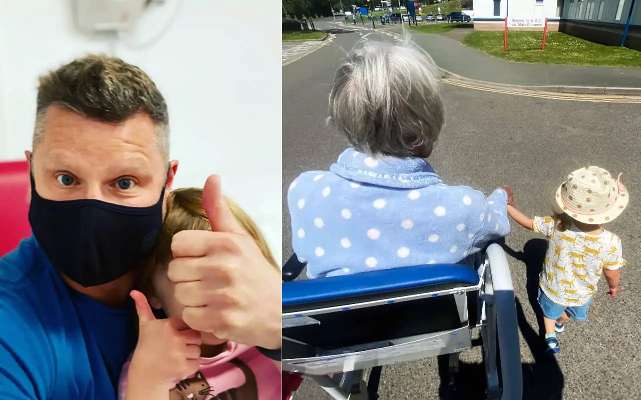 ian dore with face mask and photo of his daughter walking with her great aunt outside the hospital