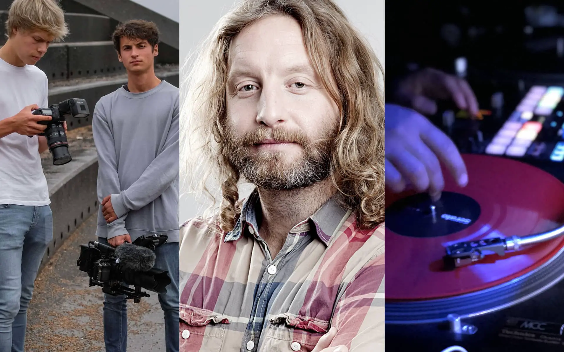 Montage of images including two lads with filming equipment, portrait of Pete Higgin and close up of a DJ spinning vinyl