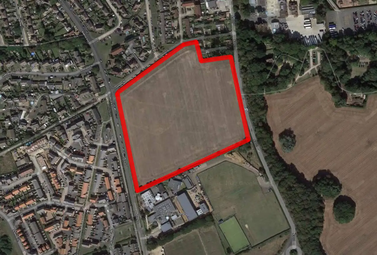 Aerial view of Crossways site with boundary marked in red