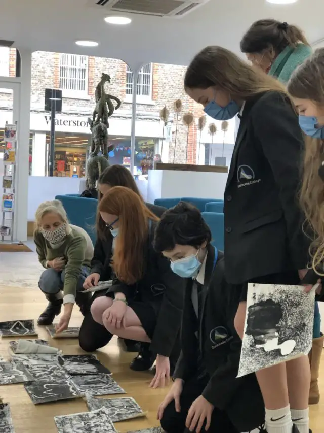 Carisbrooke College students working with Trudie Wilson for the First Marks exhibition