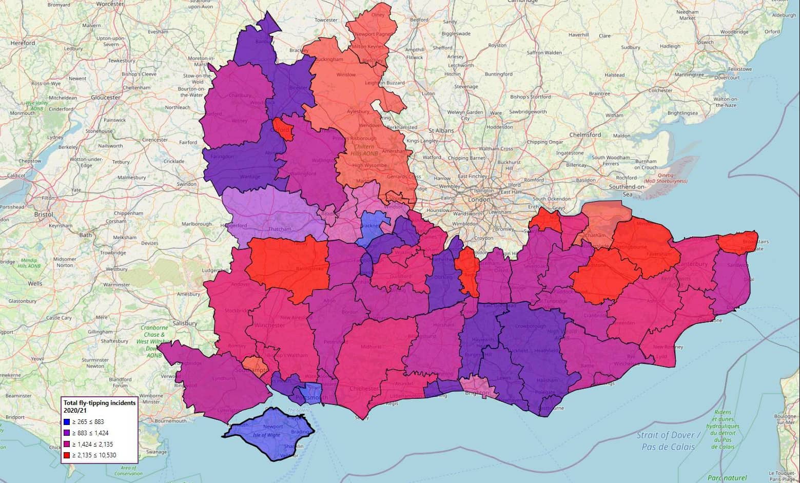 Fly-tipping map in the South East