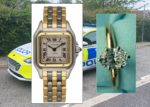 Police care in background with inset images of a Cartier Watch and a diamond ring