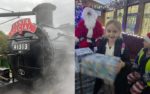 Steam Train on one half of image and and Lanesend Pupils getting presents from Santa on the other