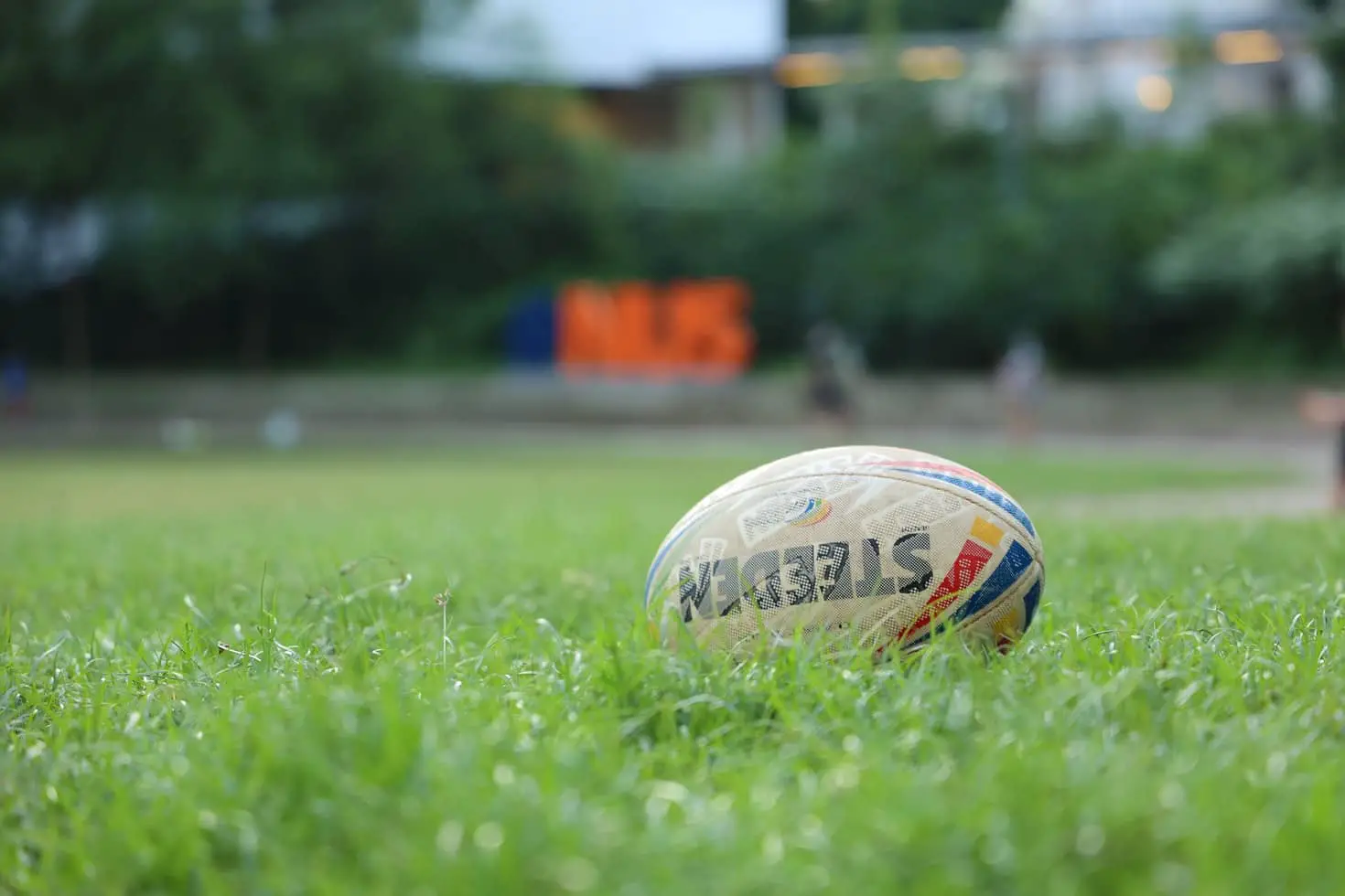 rugby ball on a pitch