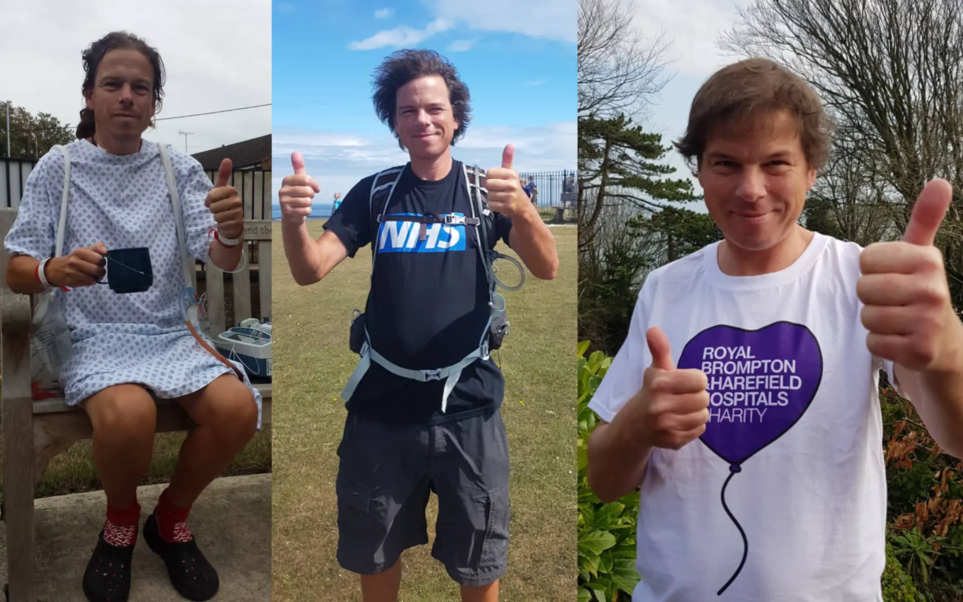 Three images of Grant Ward just after surgery, having walked up Tennyson Down and sporting charity T-shirt
