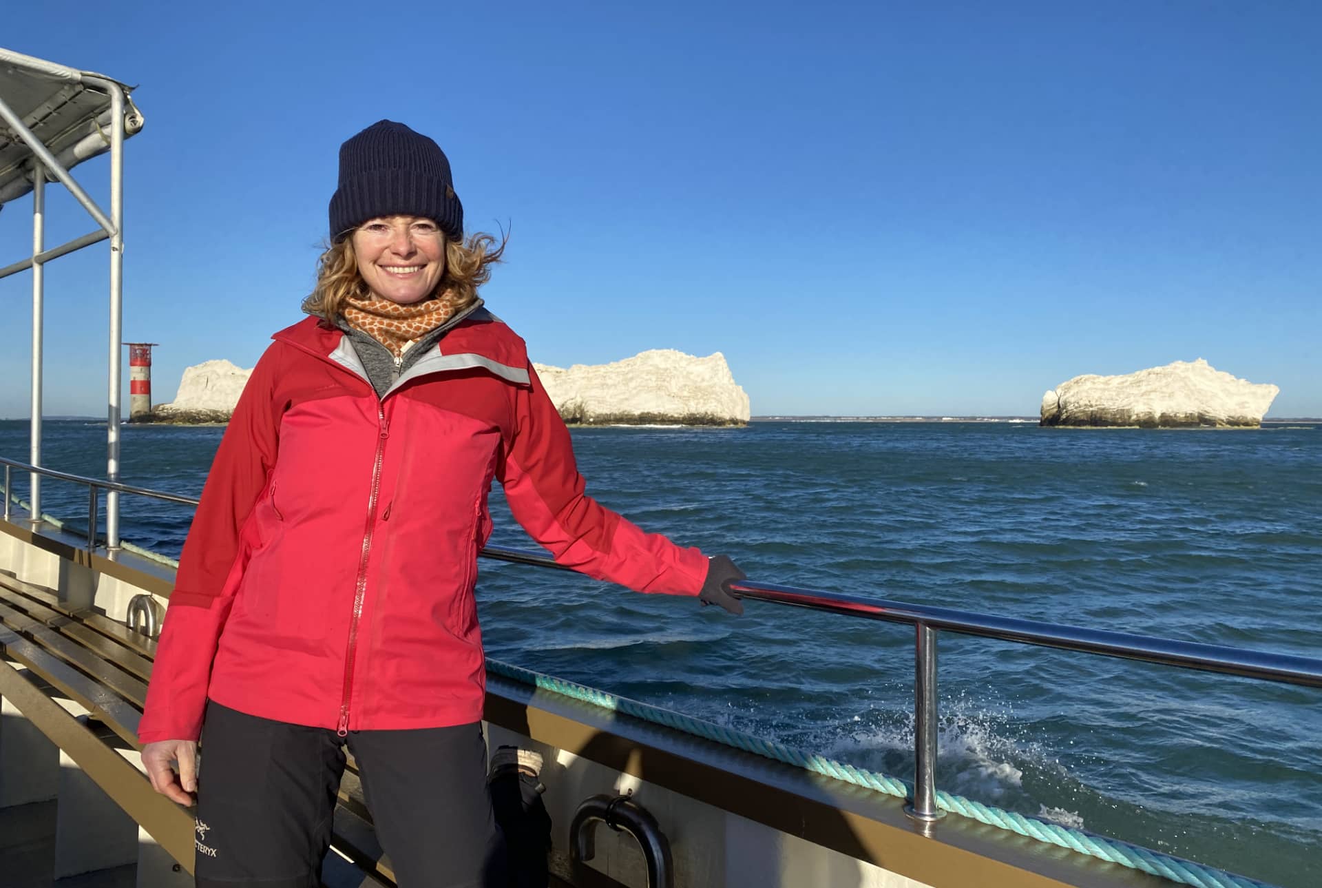 Kate Humble on a boat by The Needles Isle of Wight