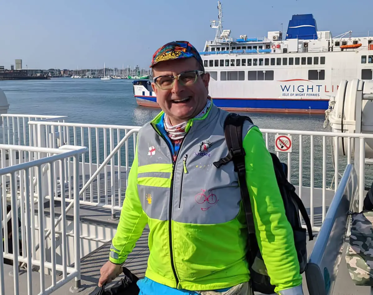 Timmy Mallett onboard Wightlink's FastCat at Portsmouth Harbour