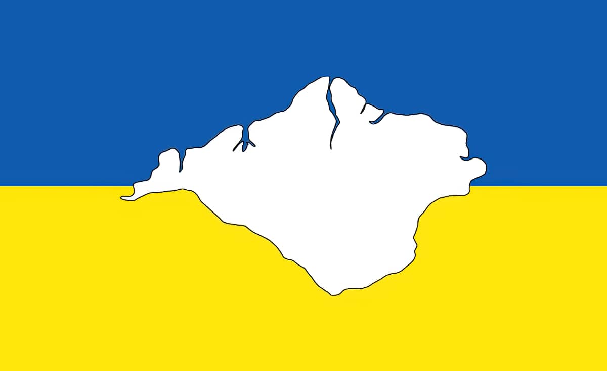 Ukraine flag with outline of the Island on top