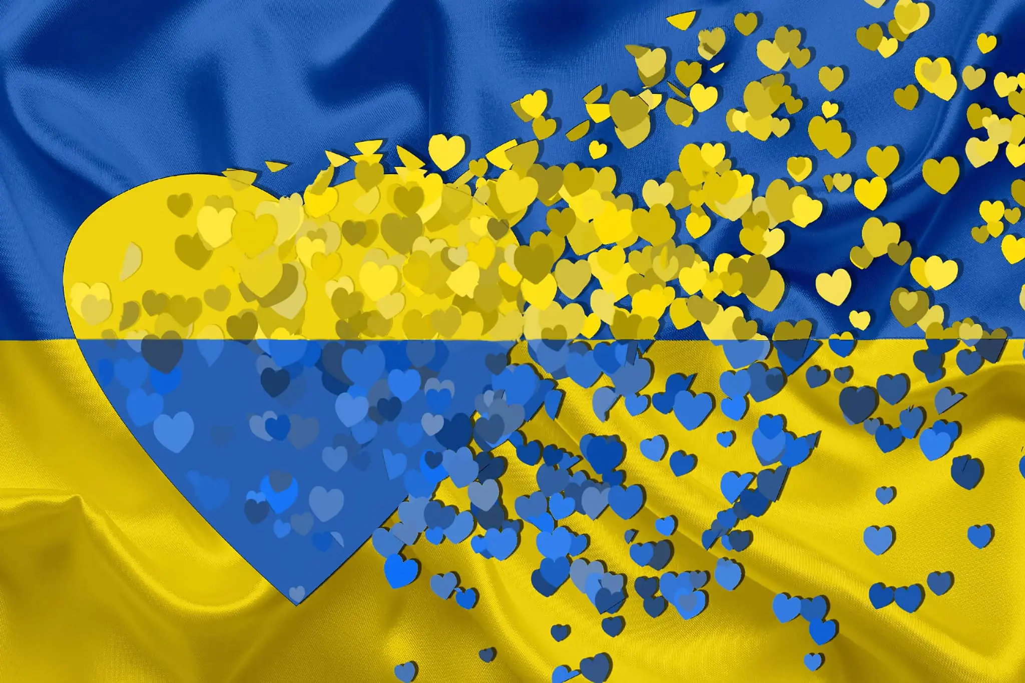 Ukrainian flag colours cut out of love hearts