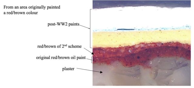 Polyester resin cross-section of Sandown Town Hall's paint layers revealing Tooth's original red/brown