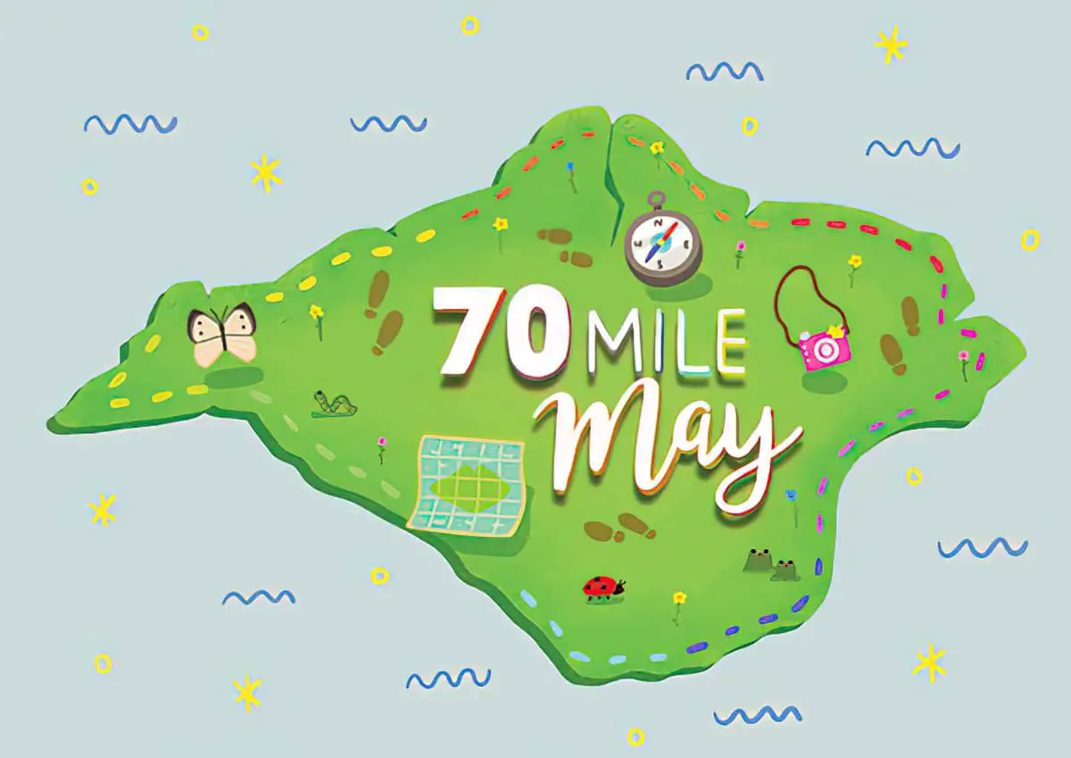 Illustration of the Island with the words '70 mile May' laid on top