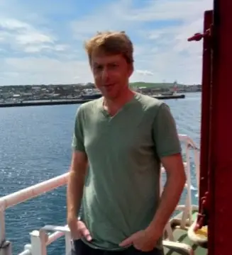 Mark Rowe on a ferry