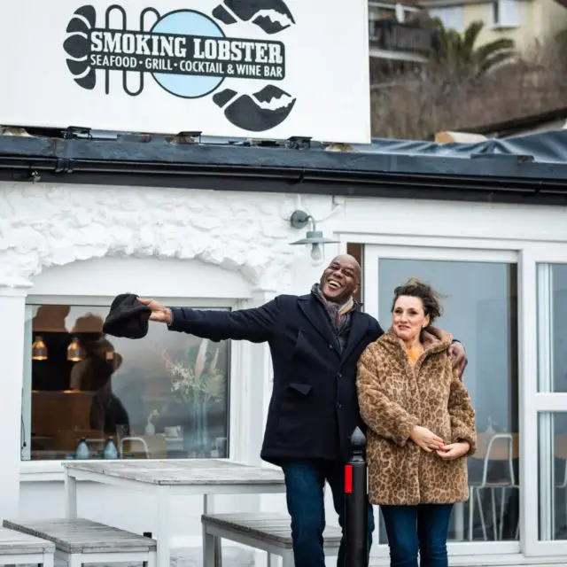 Ainsley Harriott and Grace Dent outside Smoking Lobster by Gianpaolo Mario