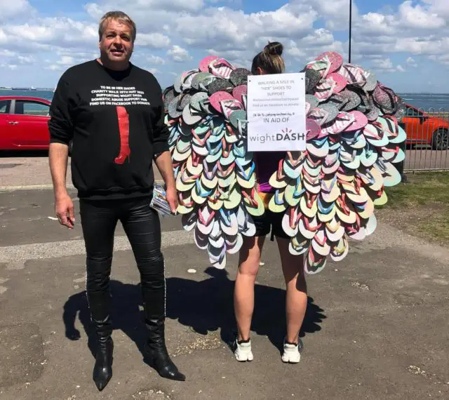 Peter and Kelly with her angel wings made from flip flops