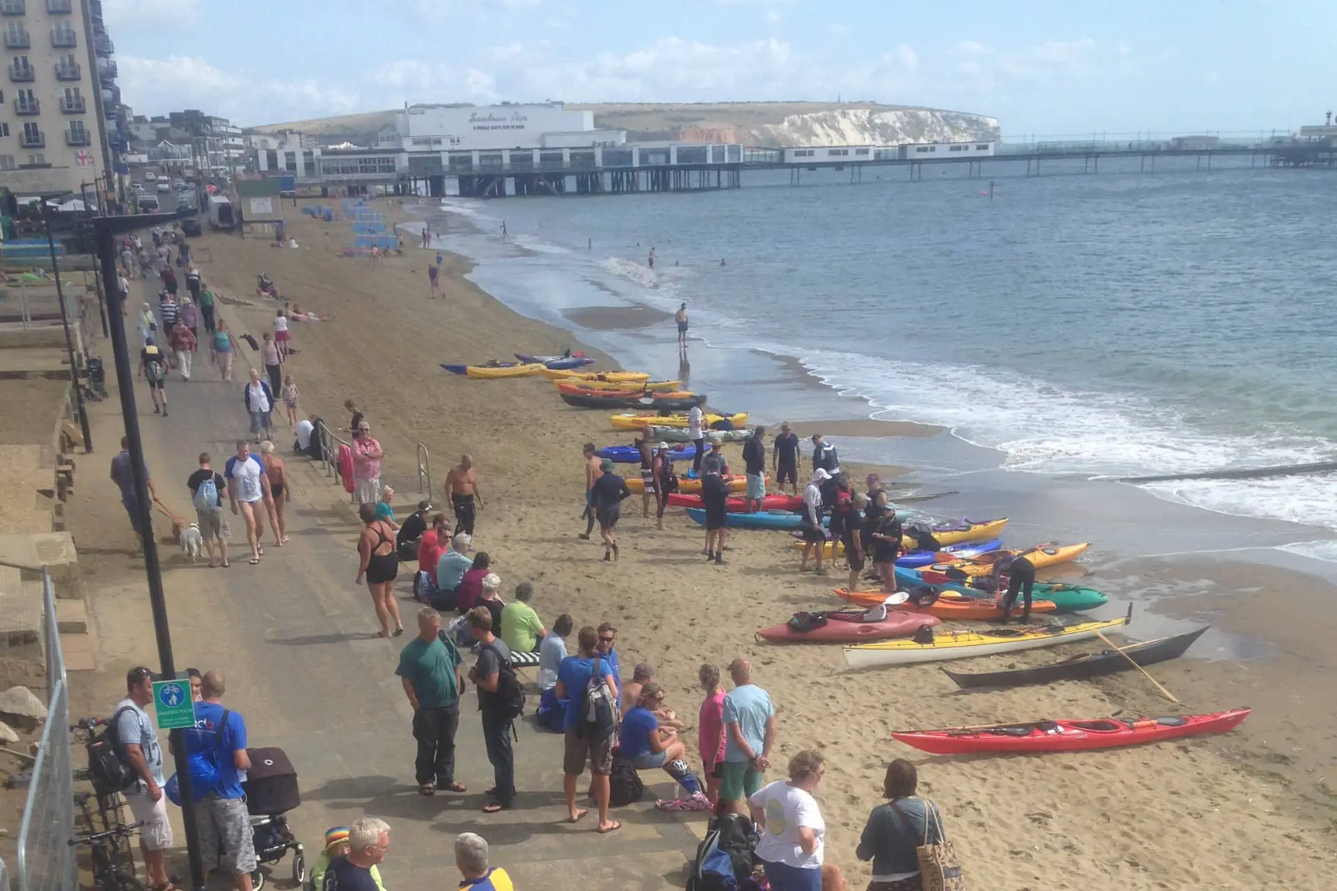 kayakers and canoeists getting ready for the Pier to Pier Swim