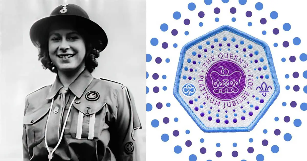 Queen in Girlguiding uniform and Jubilee badge