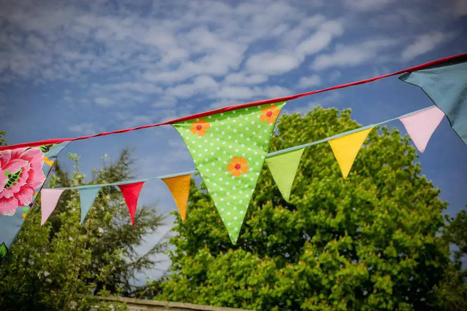 Bunting hanging in blue sky