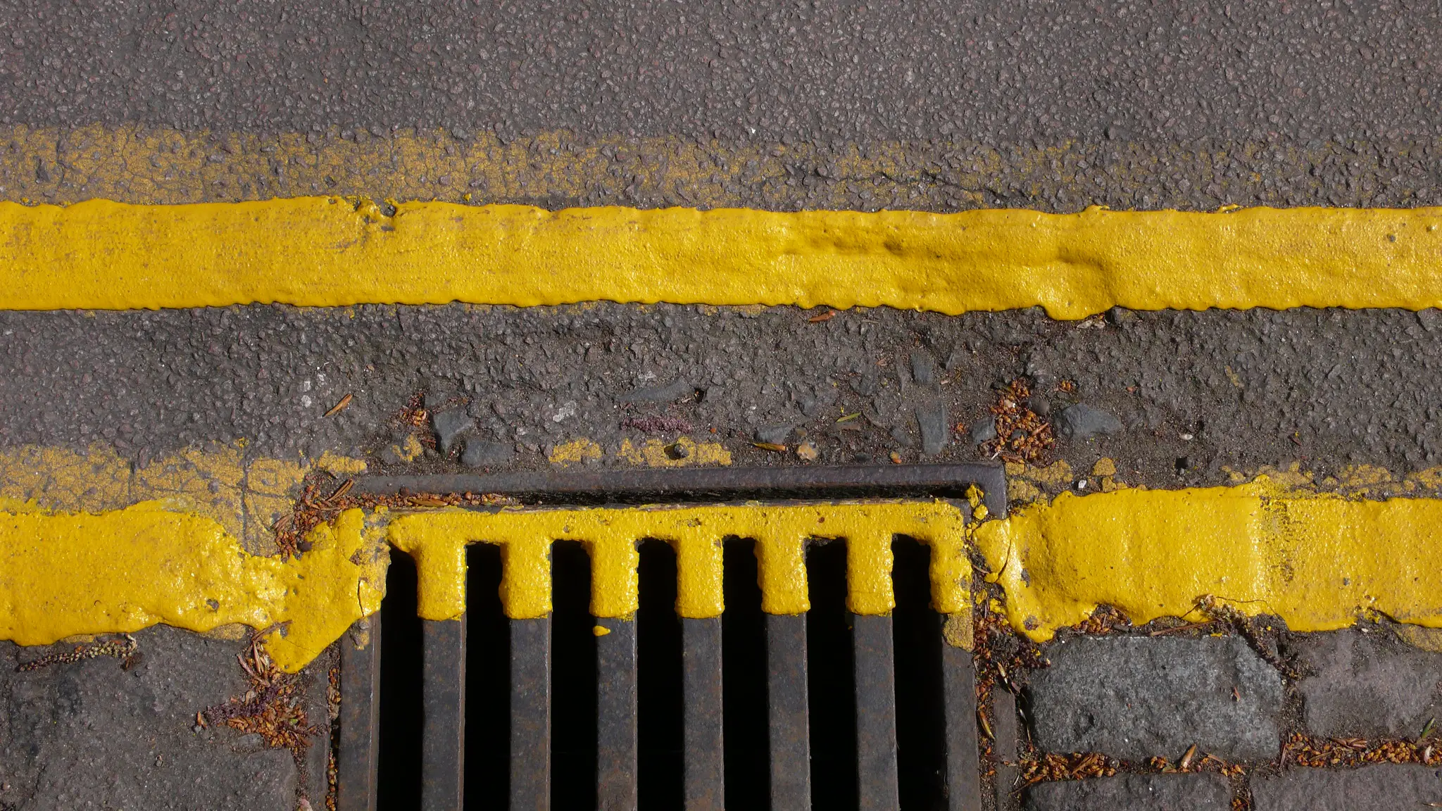 Double yellow lines over a drain cover