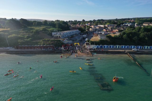 Drone Photography © Lee Argle of swimmers arriving Colwell