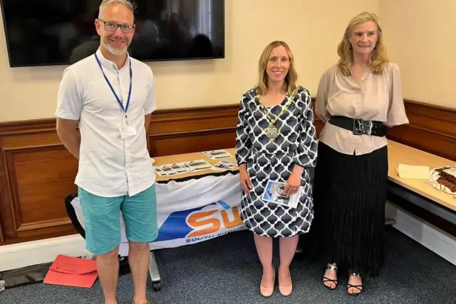 Andy Dorning, lead youth worker, Isle of Wight Council chairman, Councillor Claire Critchison, with Joanna Richards, chair of trustees