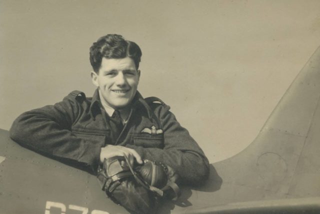 Alastair ‘Sandy’ Gunn leaning on the tail of Spitfire R7056 in November 1941. (Gunn Family)