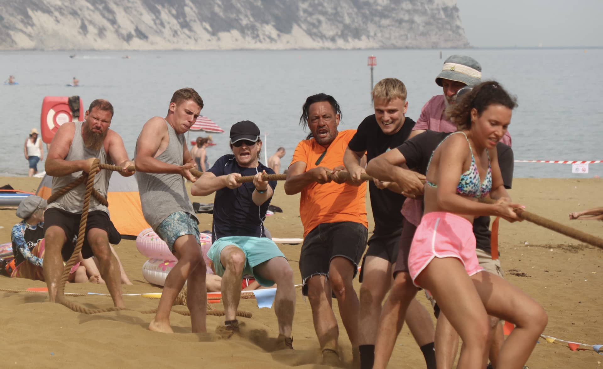 Beach tug of war, the team from Brown's Golf Course in action
