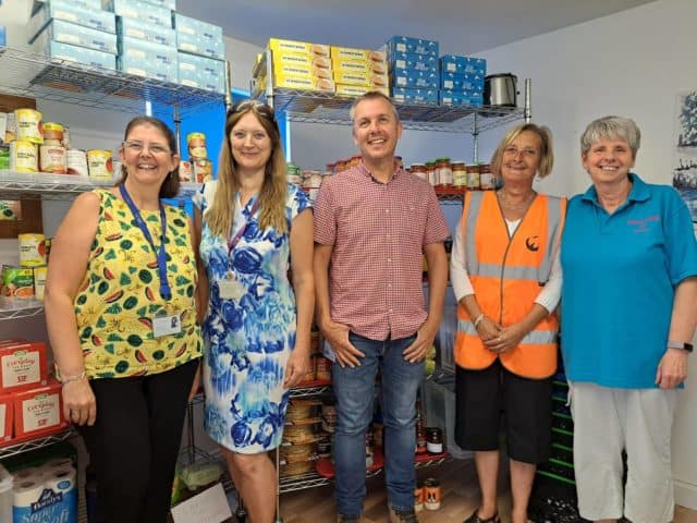  Laura Hales, connect4communities project manager, Councillor Debbie Andre, Mark Meredith, community partnerships and projects manager south (Southern Housing), Claire Martin, FareShare regional manager (Southern Central), Helen Marsay, volunteer at Community Spirited Community Pantry