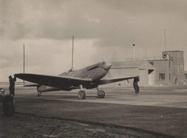 Spitfire AA810 taxies at RAF Wick on the 29th January, 1942, just 5 weeks later the aircraft would be shot down with Sandy Gunn at the controls (Tomlinson family)