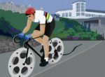 Ventnor Bicycle Film festival poster showing cyclist riding down the cascade with film reels for wheels
