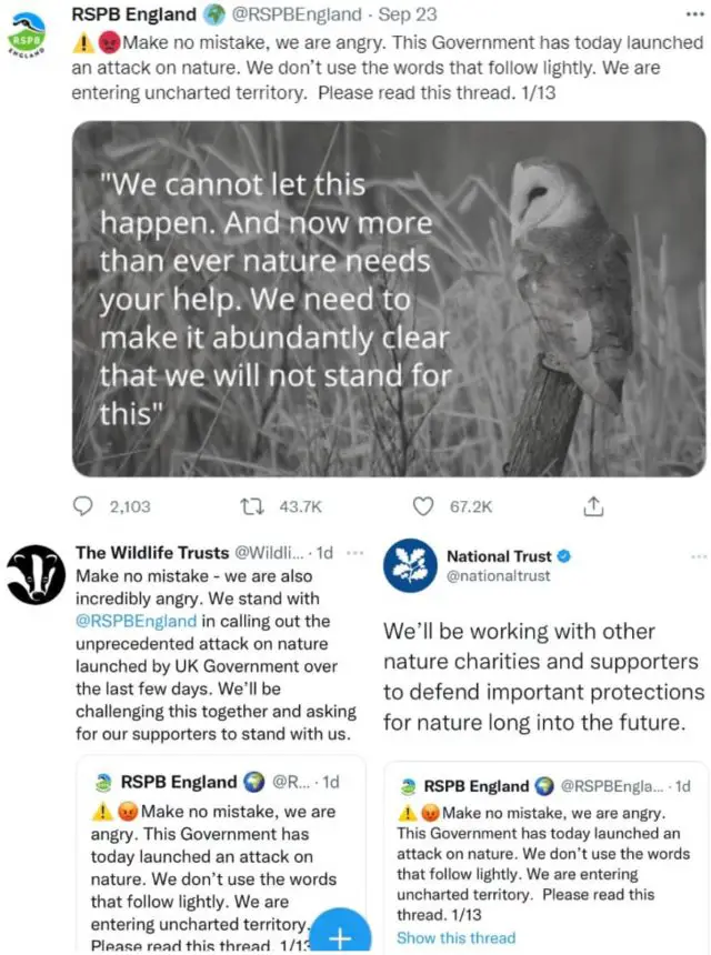Tweet from the RSPB with replies from Wildlife Trust and National Trust