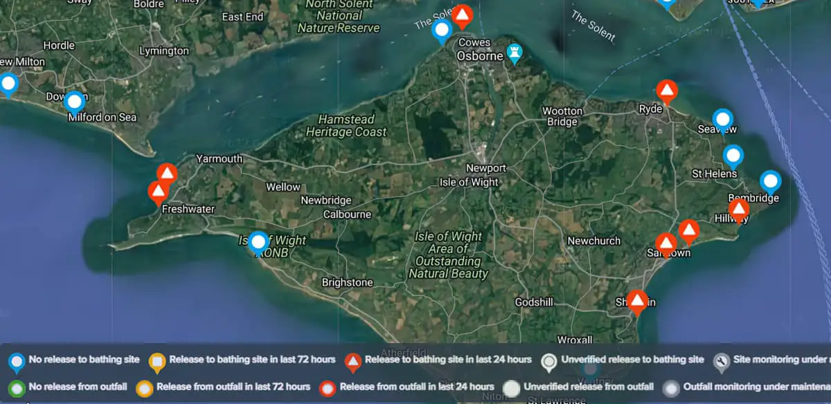 Map of sewage overflows on the Isle of Wight in the last 24 hours
