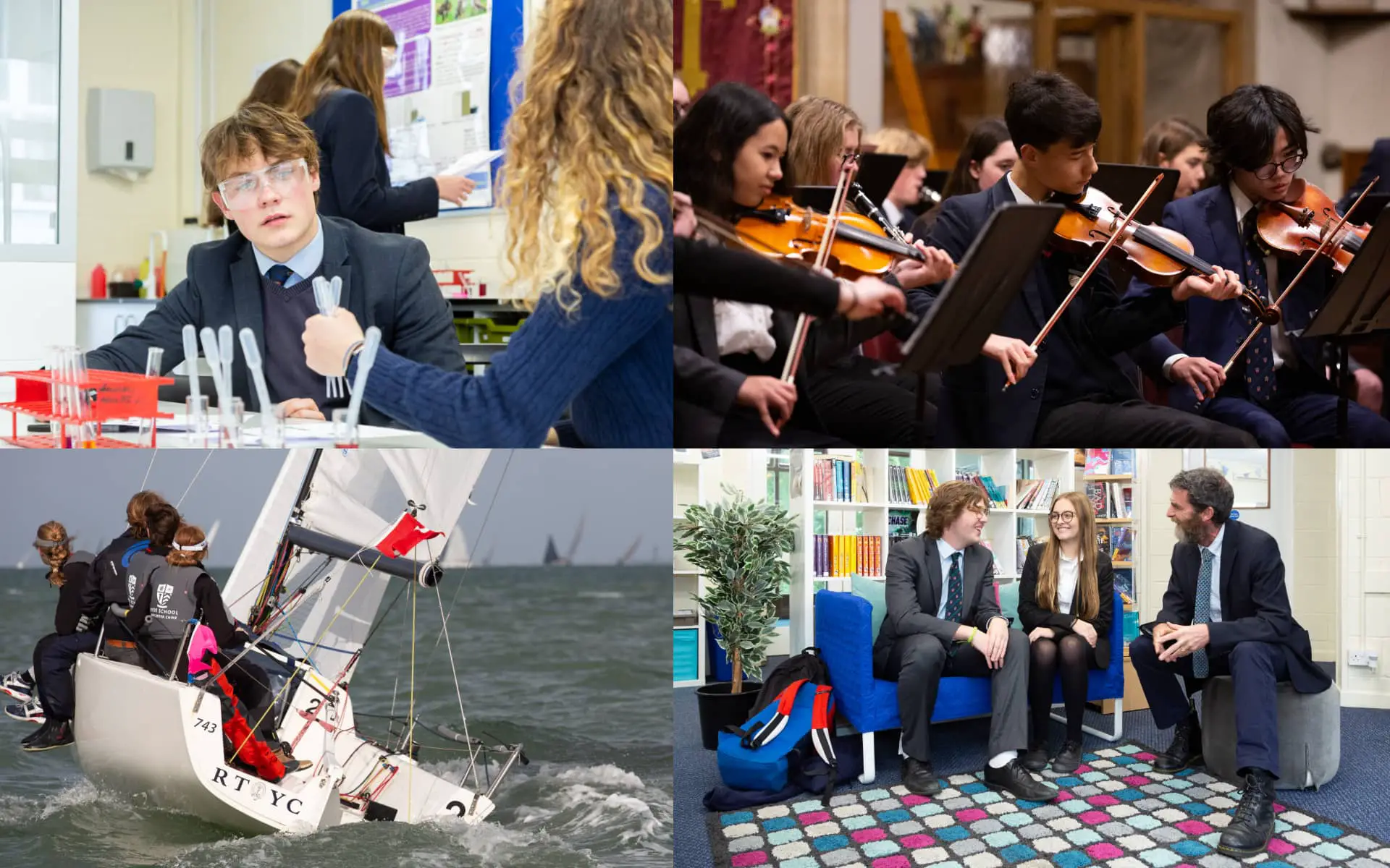 Collage of pupils in lab, pupils playing the orchestra, pupils sailing and pupils talking to the head of sixth form with OTW flash