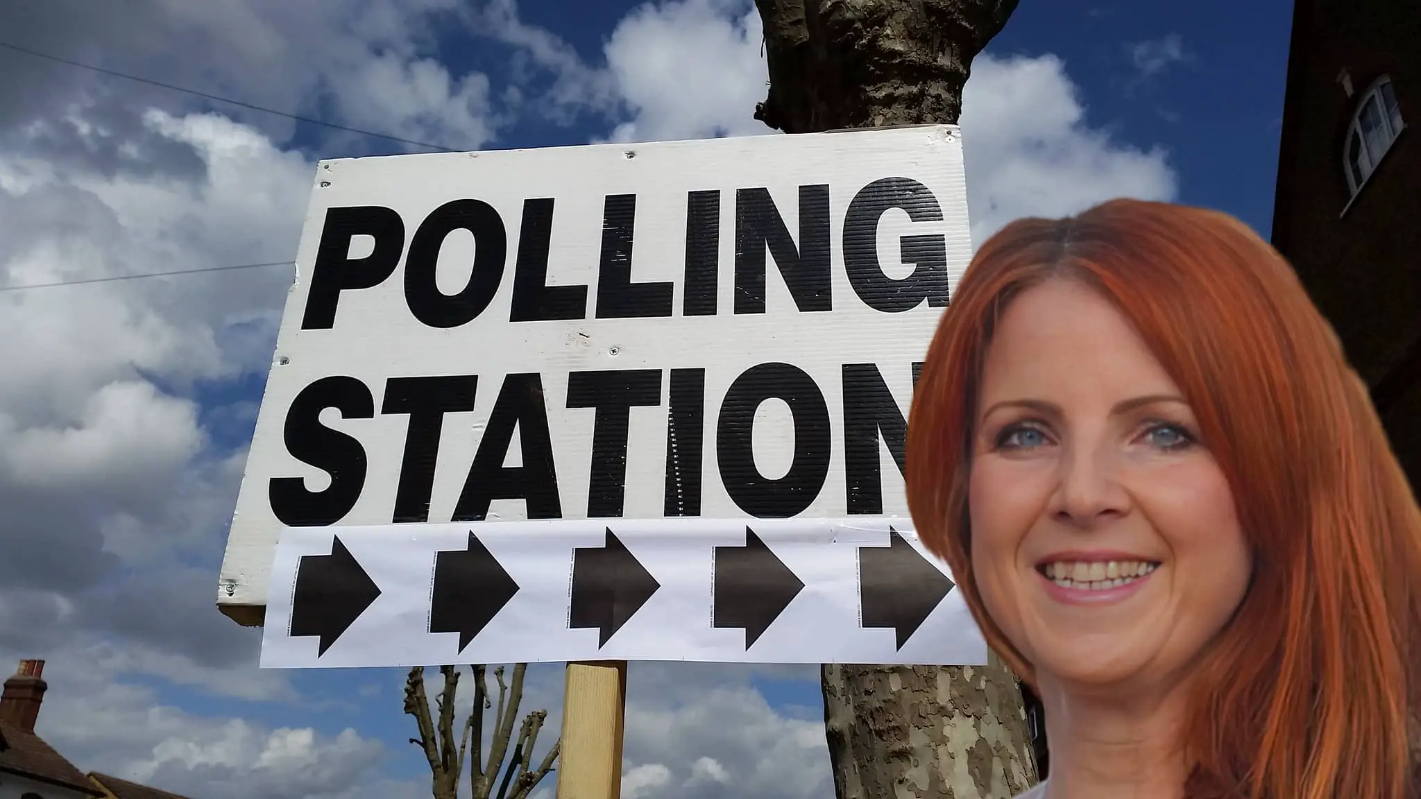 Sign to the polling station with photo of Sarah Morris