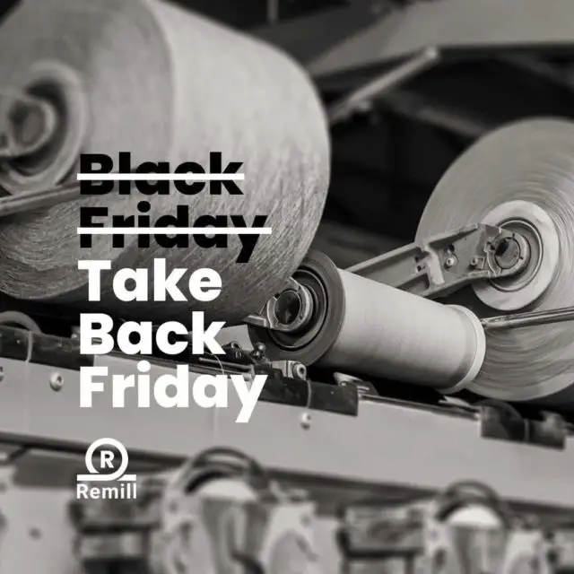 Teemill's Take Back Friday campaign with black/white photo of industrial cotton reels