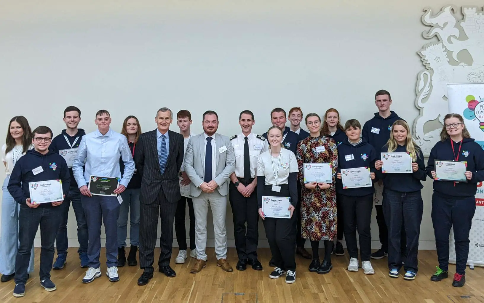 Members of the Youth Commission with (from left to right) with HM Lord-Lieutenant of Hampshire Nigel Atkinson, Deputy Police and Crime Commissioner Terry Norton, and Acting Chief Constable Ben Snuggs