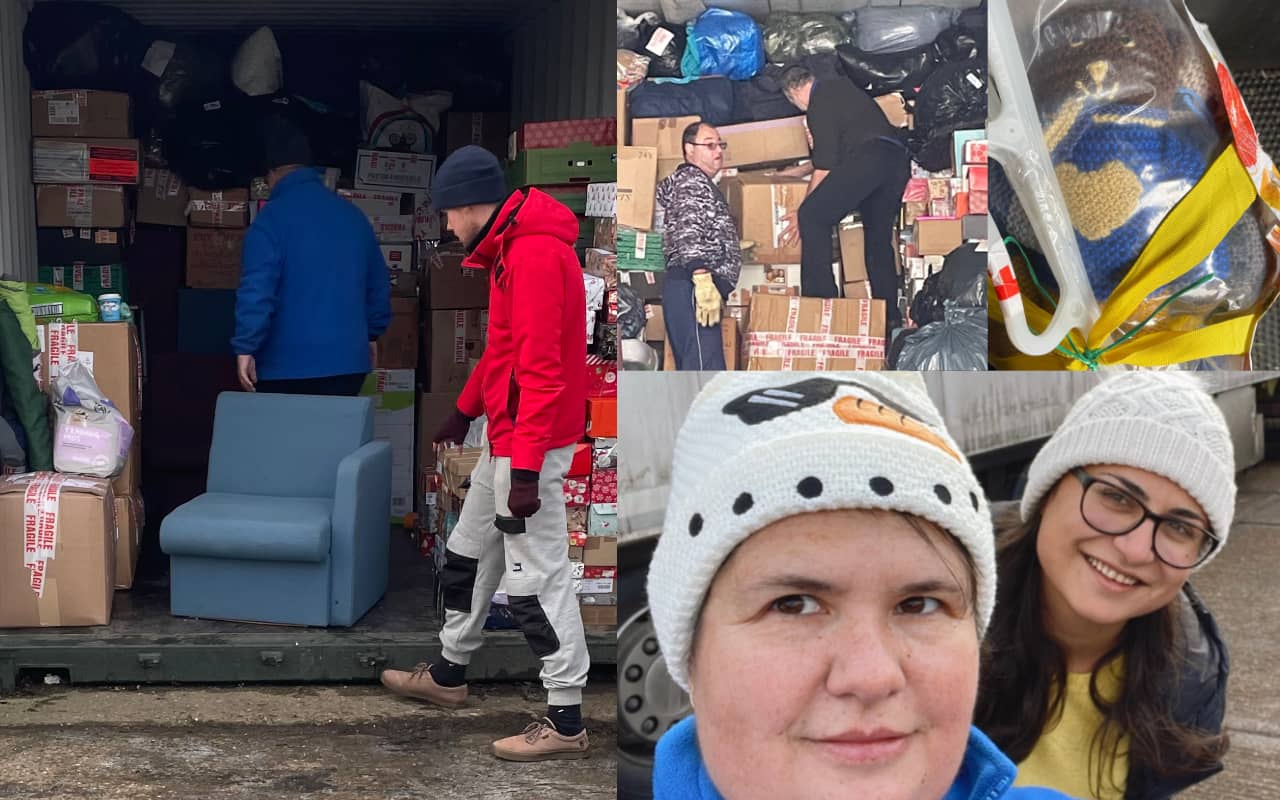 Collage of MAD-Aid volunteers loading the truck with aid for Ukraine