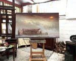Anna Keen's artwork on an easel in her studio