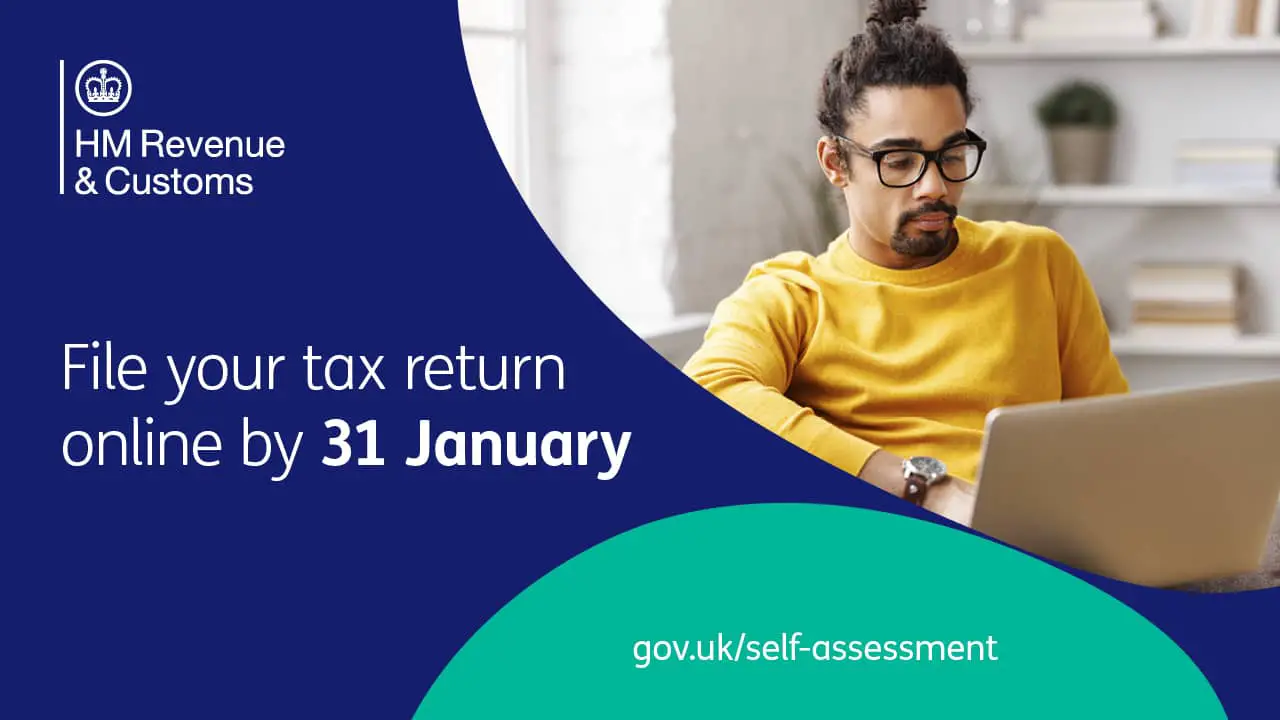 File your Tax Returns by end of January message from UK Gov with photo of man using laptop