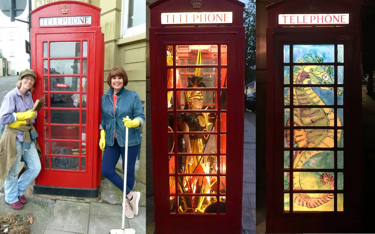 Zoe Barker and Anmarie Bowler by the phone box - with other photos showing exhibitions in the phone box