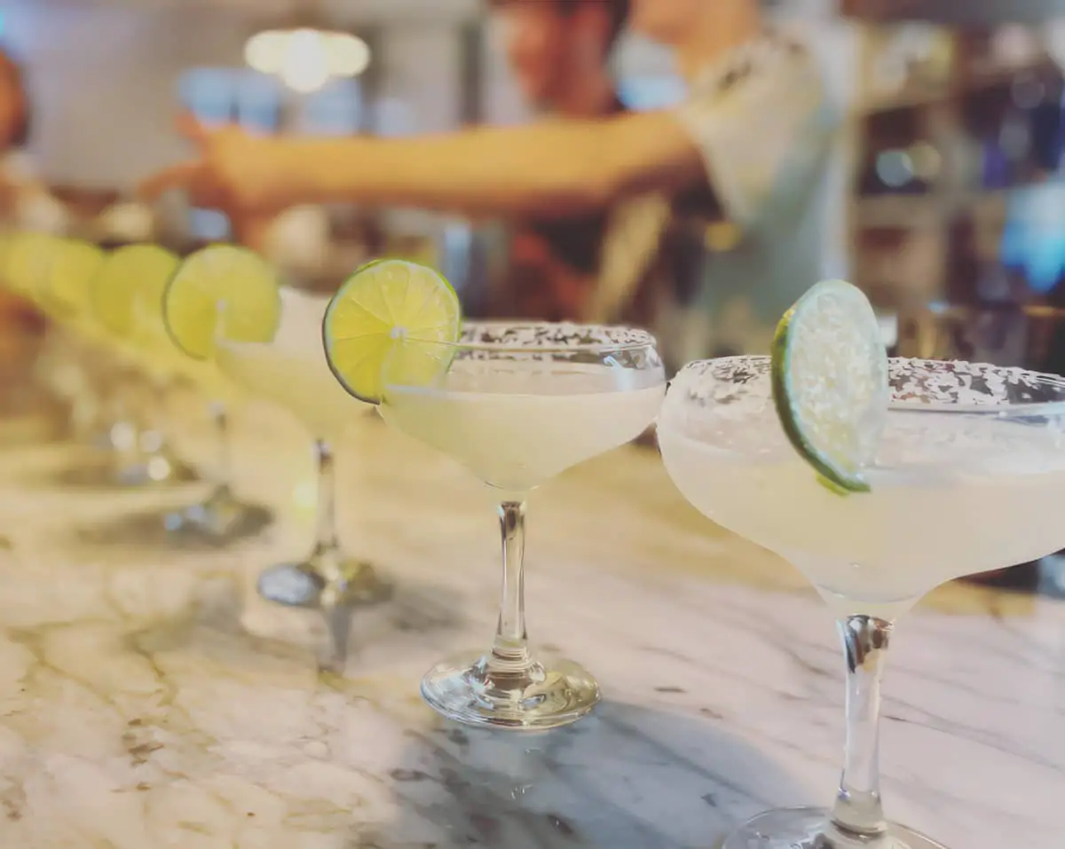 A row of Margarita cocktails at the Cowes branch of Smoking Lobster