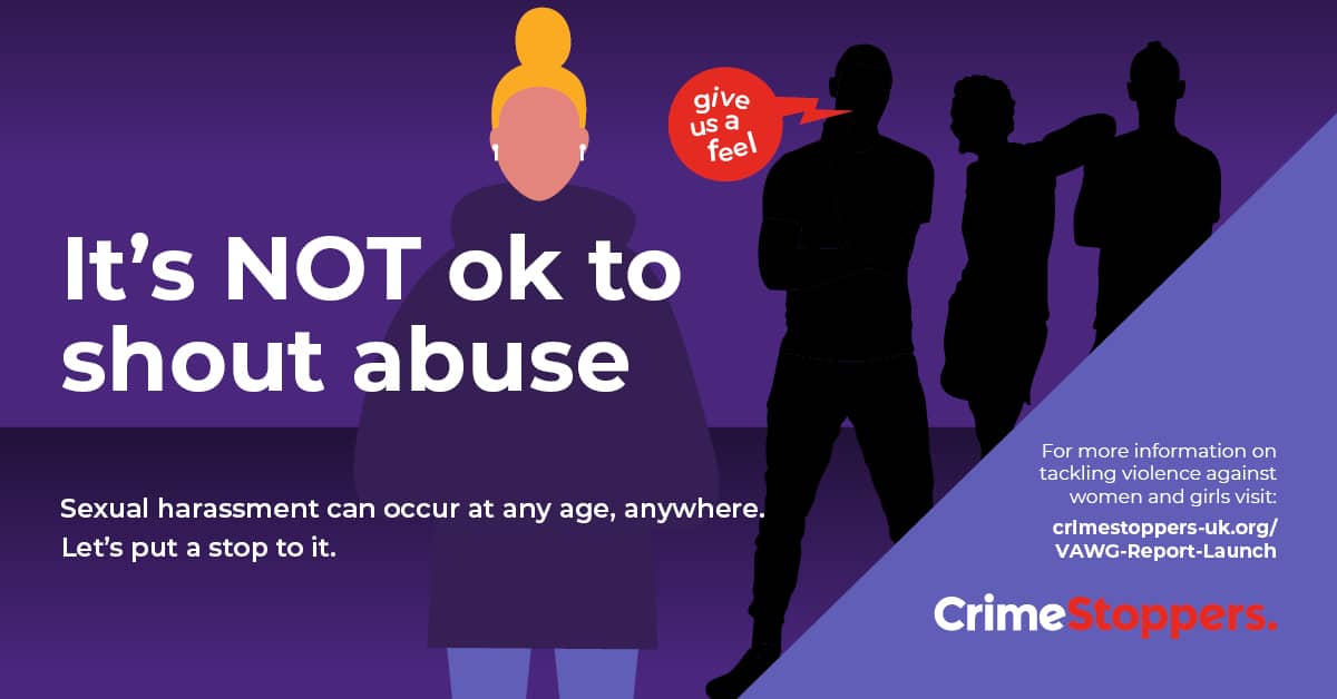 Illustration for it's not okay to shout abuse campaign showing silhouette of men shouting abuse at teenage girl