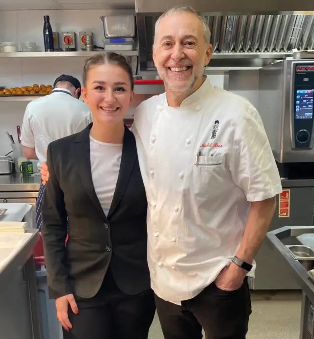 Michel Roux Jnr with Heron head waitress, Lucy