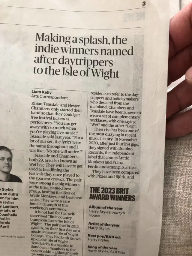 Article about Wet Leg in The Sunday Times